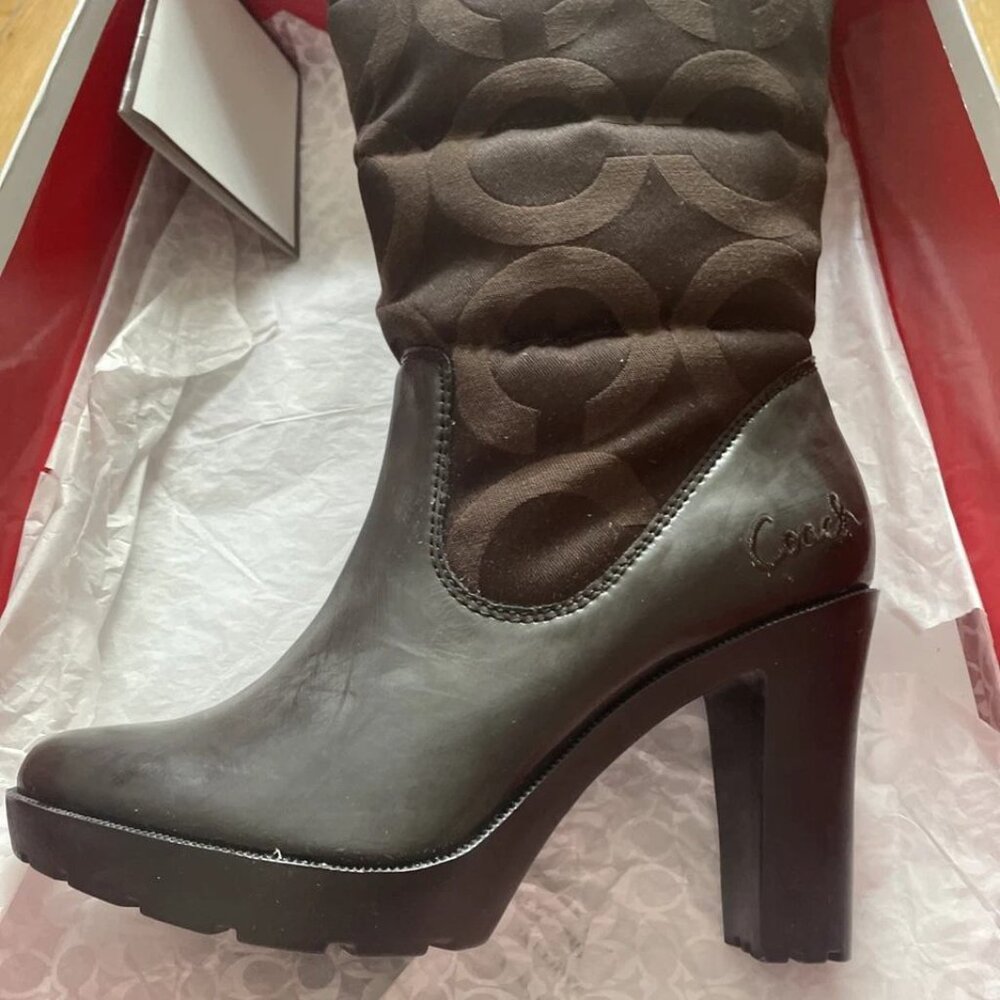 COACH Loryn Rain Boots Quilted High Heel Brown Logo Fabric SZ 5 1/2 - in box - Picture 3 of 14